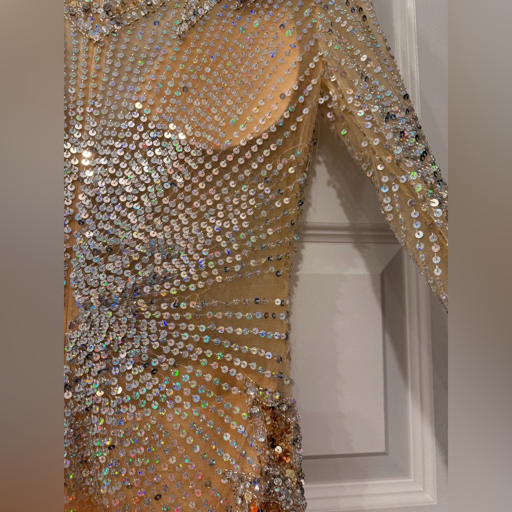 Jovani Gold Sequin Beaded Mini Dress | Long Sleeve Cocktail Dress Designer - Picture 12 of 14